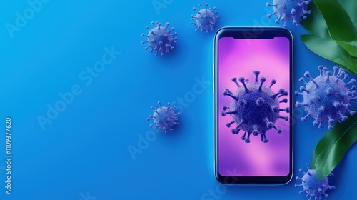 A smartphone displays a virus graphic against a vibrant blue background, surrounded by decorative elements, highlighting health and technology themes. photo