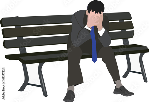 Desperate businessman sitting on a bench is covering his face