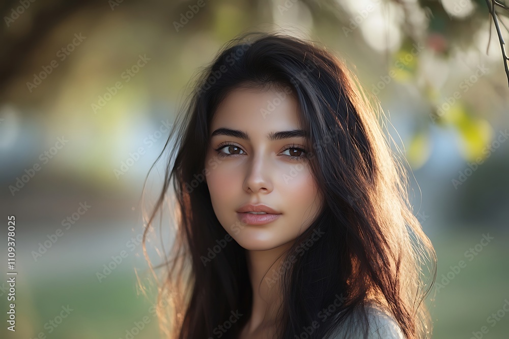 Golden Hour Glow Elegant Woman with Flowing Hair Golden Hour Glow Elegant Woman with Flowing Hair