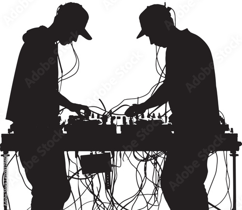 Two Djs With Turntables Stylized Silhouette Vector Illustration Graphic