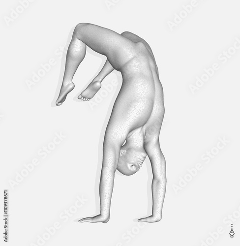 Man making one arm handstand. Gymnast. 3D model of human body. Sports symbol for fitness studio, dance class, yoga or aerobics classes. Vector illustration. 