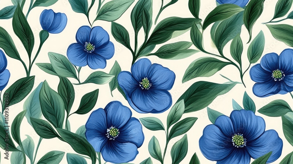 Lush seamless pattern featuring hand painted abstract blue flowers intertwined with green leaves elegant design for textiles and home decor Lush seamless pattern featuring hand painted abstract blue flowers intertwined with green leaves elegant design for textiles and home decor
