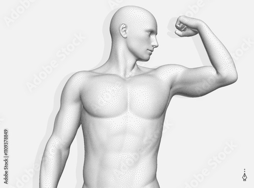 Be strong! Victory and freedom. Strong man. The symbol of sport. Concept of leadership or bodybuilding training. Human body formed from dots. Athlete in steeple style. 3D vector for design.