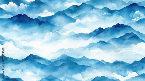 Serene watercolor pattern featuring tranquil mountains and soft clouds ideal for peaceful home decor or textile design