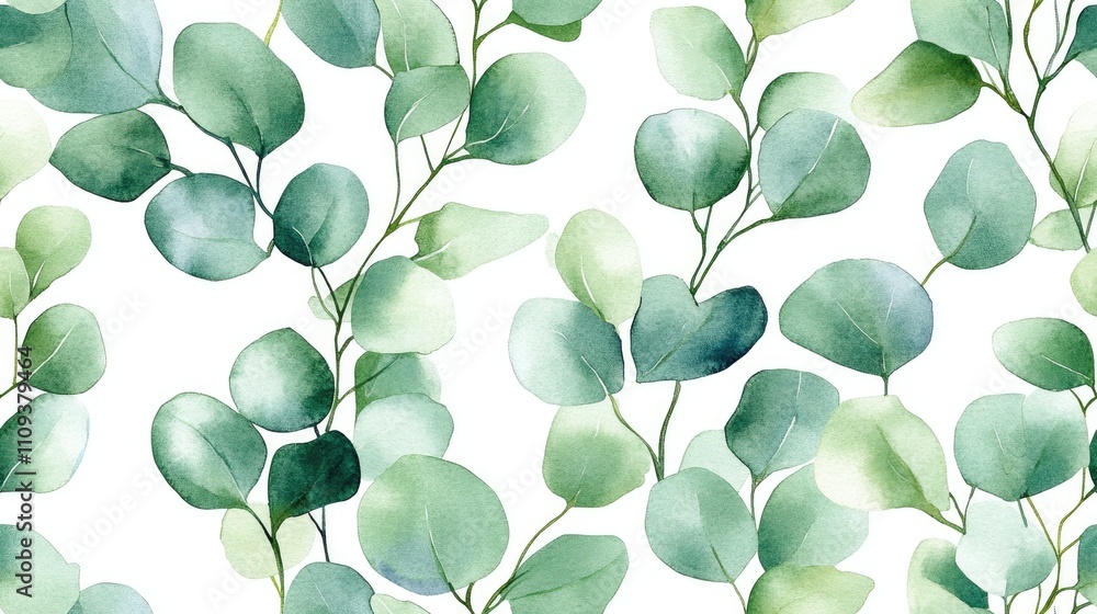 Obraz premium Watercolor seamless pattern featuring various green eucalyptus leaves on branches ideal for eco friendly design projects