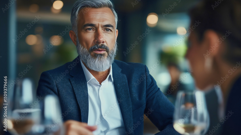Mature businessman in a suit with a focused gaze, engaging in a professional conversation over wine in an upscale restaurant, showcasing elegance and interpersonal connection Mature businessman in a suit with a focused gaze, engaging in a professional conversation over wine in an upscale restaurant, showcasing elegance and interpersonal connection