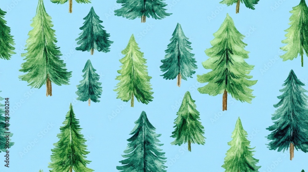 Fototapeta premium Seamless pattern of hand drawn watercolor green fir trees on a tranquil blue background perfect for festive designs