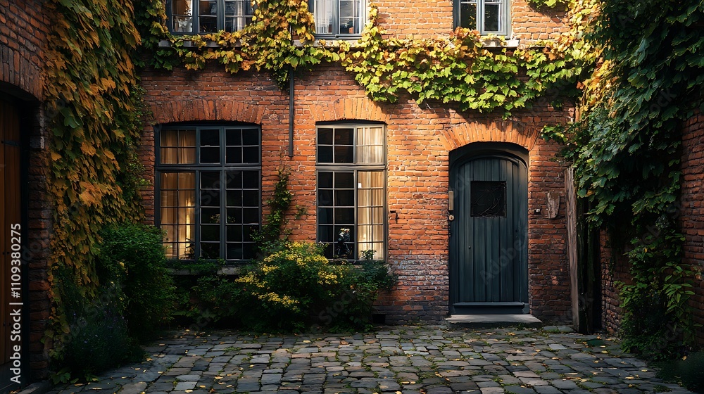 Charming brick building with ivy, windows glowing warmly. Charming brick building with ivy, windows glowing warmly.