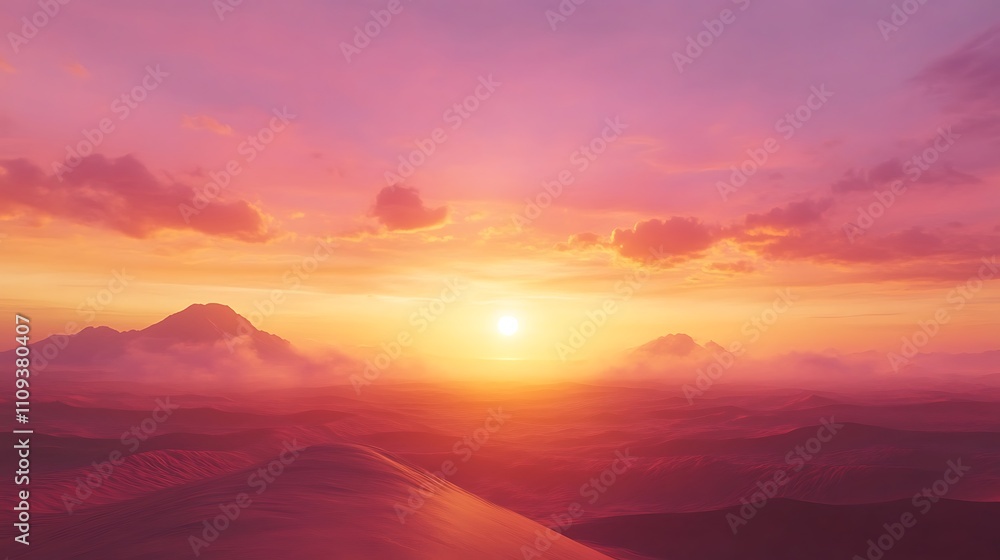 Obraz premium A serene sunset over mountains, casting warm hues across the landscape.