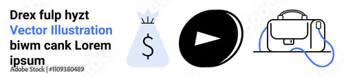 Money bag with dollar sign, play button, briefcase. Ideal for finance apps, business presentations, online courses, investment platforms, educational materials, startup websites, landing page