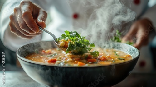Chef preparing a steaming bowl of flavorful soup with fresh herbs in a kitchen