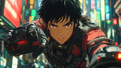 In a sprawling dystopian city a determined cyberpunk hero with a robotic arm rallies fellow rebels amidst neon signs and towering buildings