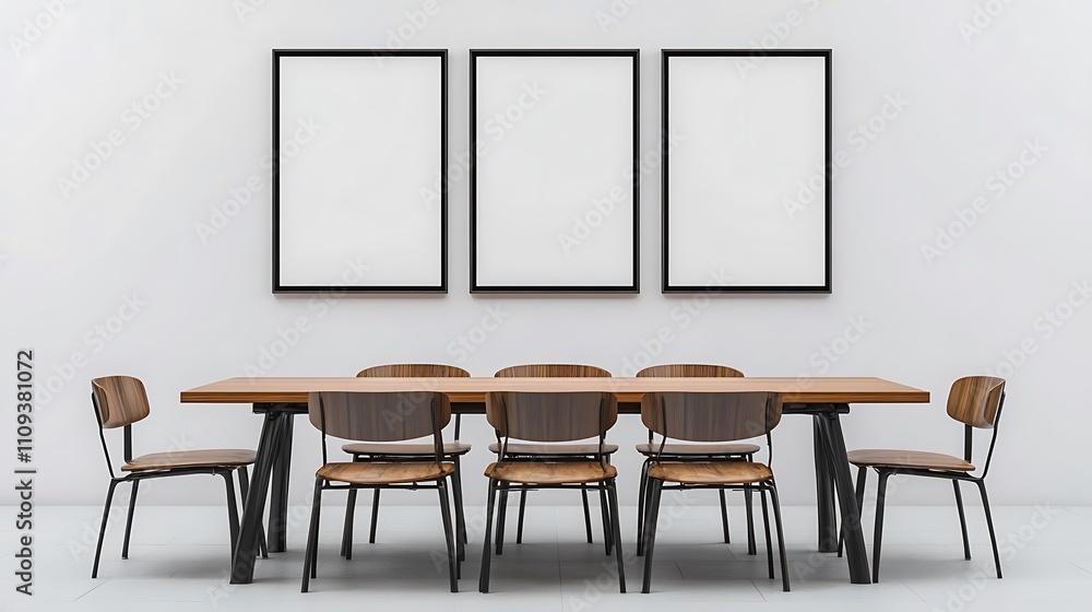 Fototapeta premium Modern dining room with a wooden table and chairs, minimalist design with three blank frames on the wall.