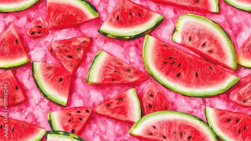 Seamless pattern of vibrant watercolor watermelon slices on a cheerful pink background ideal for summer themed designs and projects