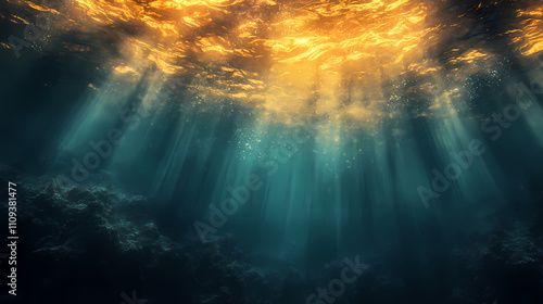 Luminous gold rays illuminating an abyssal void. Abyssal. Illustration