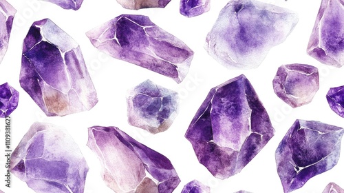 Watercolor seamless pattern featuring hand painted amethyst stones creating an abstract textured design