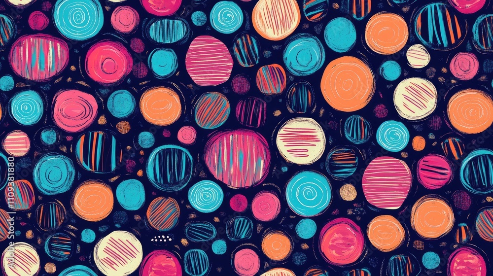 Vibrant seamless pattern of abstract round shapes with colorful ethnic stripes and acrylic textures perfect for modern wallpaper design Vibrant seamless pattern of abstract round shapes with colorful ethnic stripes and acrylic textures perfect for modern wallpaper design