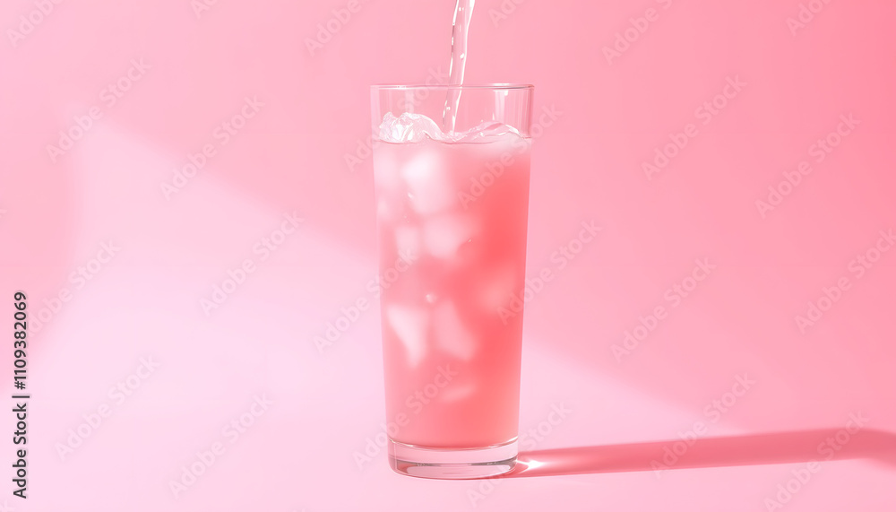 A pink drink is poured into a glass on a pink background. Carbonated sweet water. delicious drink with a white accent, png A pink drink is poured into a glass on a pink background. Carbonated sweet water. delicious drink with a white accent, png