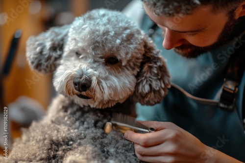 A happy dog gets groomed by a skilled groomer in a warm and inviting setting. This image captures the bond between pets and their caretakers. Generative AI photo