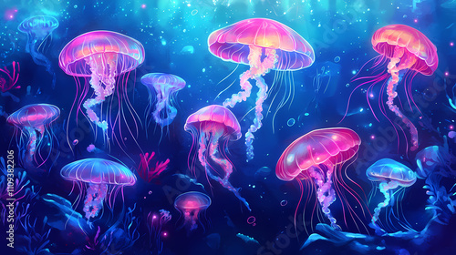 Mysterious surreal underwater world of glowing jellyfish and bioluminescent fish swimming amidst dark misty abyssal landscape. Abyssal. Illustration