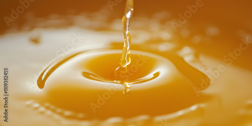 A close-up of golden liquid pouring with a smooth ripple effect, capturing its rich texture and viscosity, perfect for honey, oil, or syrup promotions. photo