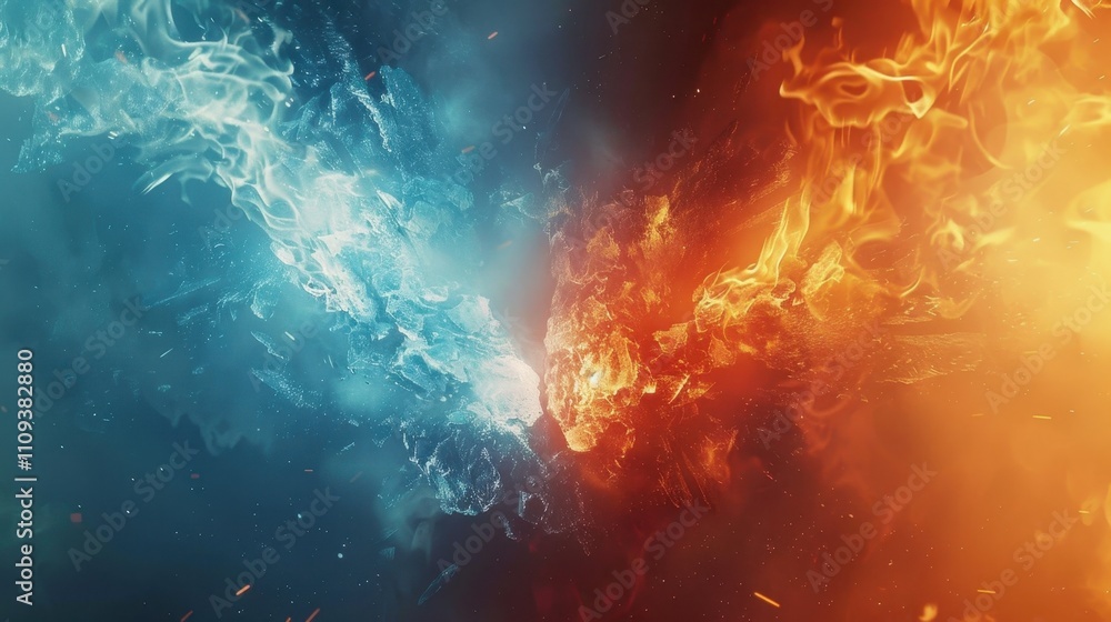 Abstract fire and ice design, a dangerous vs beautiful struggle of fiery flame vs frozen water in a swirling vs striking texture with a flowing vs burning motion and a nature-inspired background. Abstract fire and ice design, a dangerous vs beautiful struggle of fiery flame vs frozen water in a swirling vs striking texture with a flowing vs burning motion and a nature-inspired background.