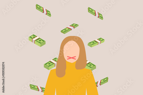 Woman closed mouth with money fall. concept of Lobbyist corruption and money politic