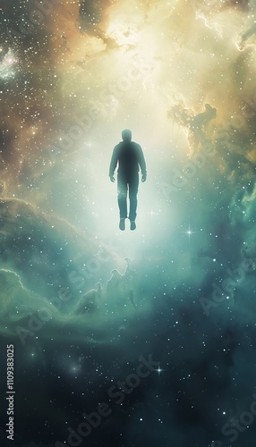 Serene male figure adrift in the cosmic expanse, enveloped by dazzling stars and colorful nebulae