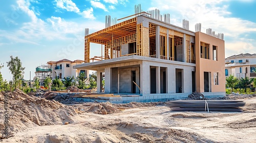 Modern house under construction.  Wooden frame and concrete foundation visible.