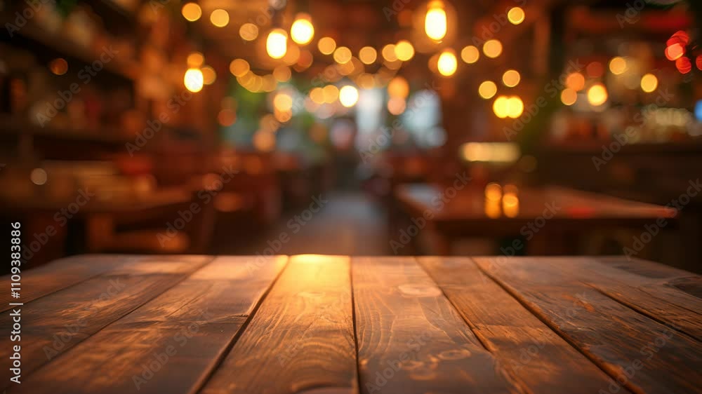 Close up of empty wooden table with blurred warm lights in the background Close up of empty wooden table with blurred warm lights in the background