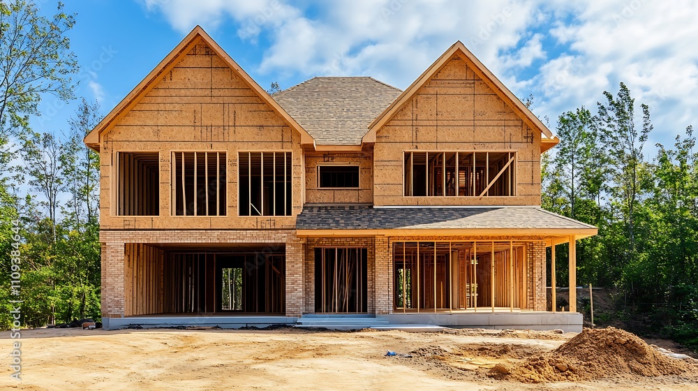 New home construction under a sunny sky. The frame of the house is complete, showing the structure before siding. New home construction under a sunny sky. The frame of the house is complete, showing the structure before siding.