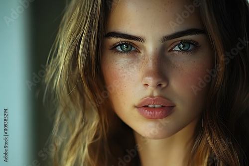 Intriguing Closeup Serene Brunette Woman with Soft Brown Eyes