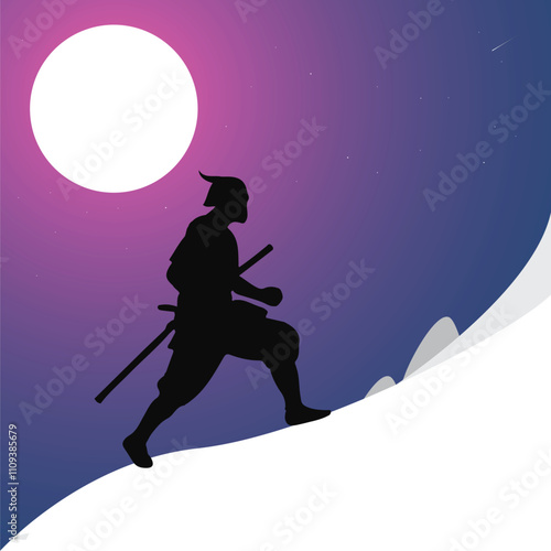 Japanese Samurai walking in snow with big moon behind. Illustration Vector