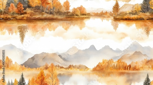 Seamless digital watercolor pattern showcasing a stunning autumn landscape viewed from the route to Walla Crag near a tranquil lake nature design seasonal decor photo