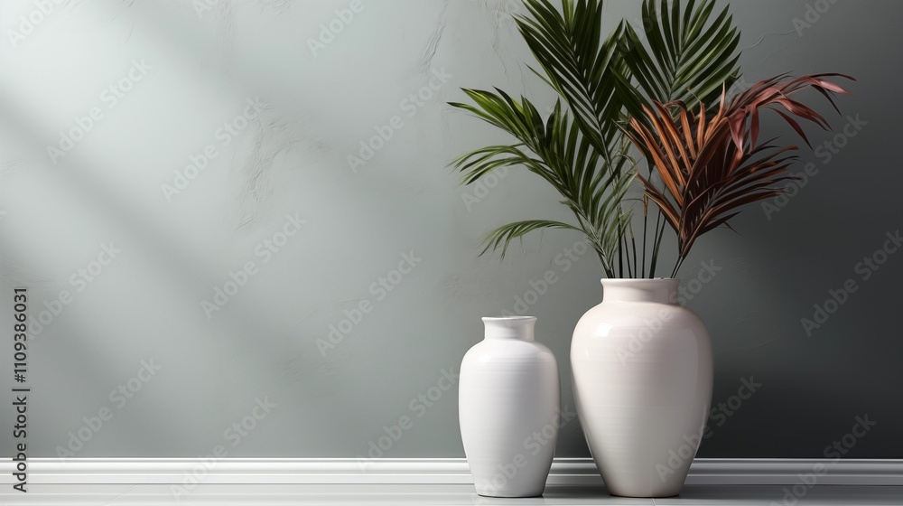 Simple yet stylish interior with white walls and marble floors. A palm leaf in a decorative vase enhances the natural ambiance. Simple yet stylish interior with white walls and marble floors. A palm leaf in a decorative vase enhances the natural ambiance.