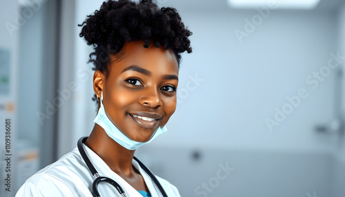 Young African-American nurse in clinic with a white accent, png photo