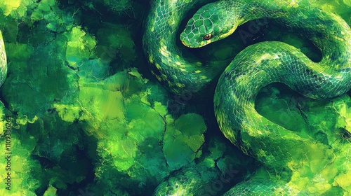 Exotic snake skin seamless pattern in vibrant green artistic aquarelle texture for safari themed designs wildlife aesthetics photo