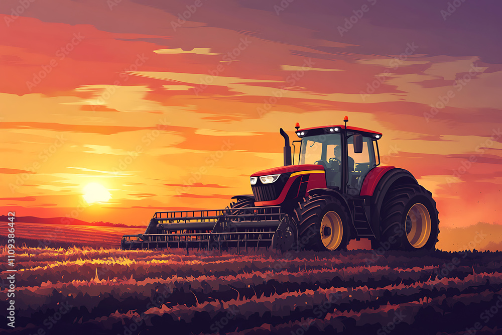 A tractor working in a field during a vibrant sunset. A tractor working in a field during a vibrant sunset.
