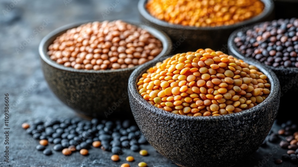 Close-up of various lentil grains in contrasting textures celebrating their diversity in color shape and size while inviting culinary exploration Close-up of various lentil grains in contrasting textures celebrating their diversity in color shape and size while inviting culinary exploration