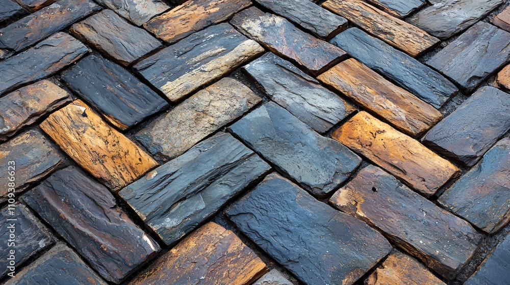 Herringbone pattern featuring dark grey and earthy tones in a modern outdoor space Herringbone pattern featuring dark grey and earthy tones in a modern outdoor space