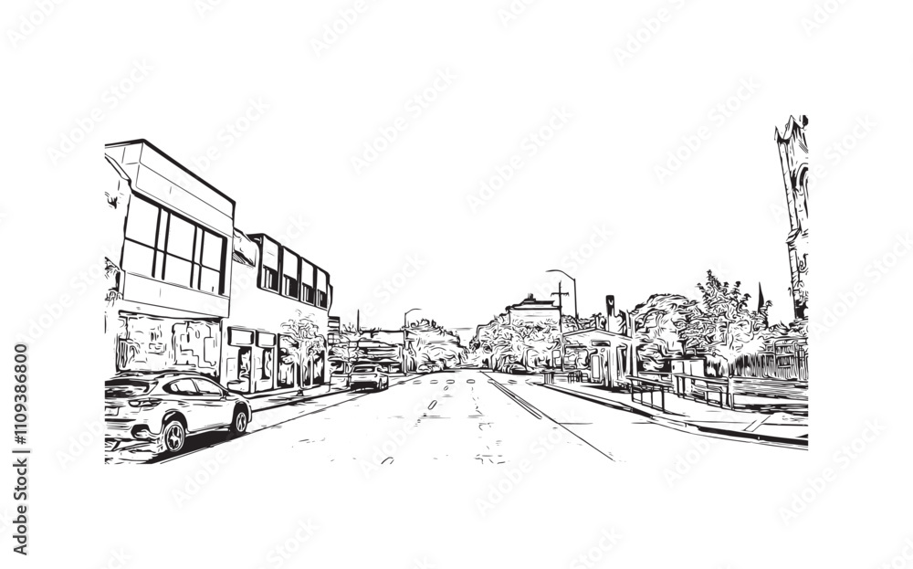 Print Building view with landmark of Vancouver is the city in USA. Hand drawn sketch illustration in vector.