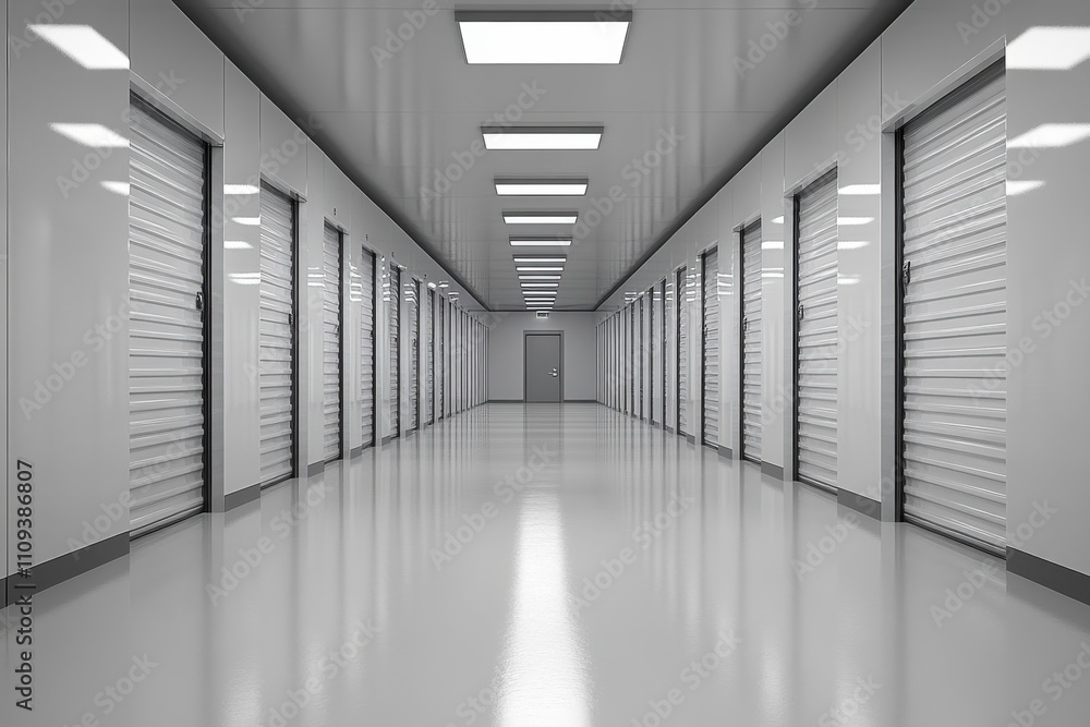 Fototapeta premium Clean Hallway with Overhead Lighting and Storage Units