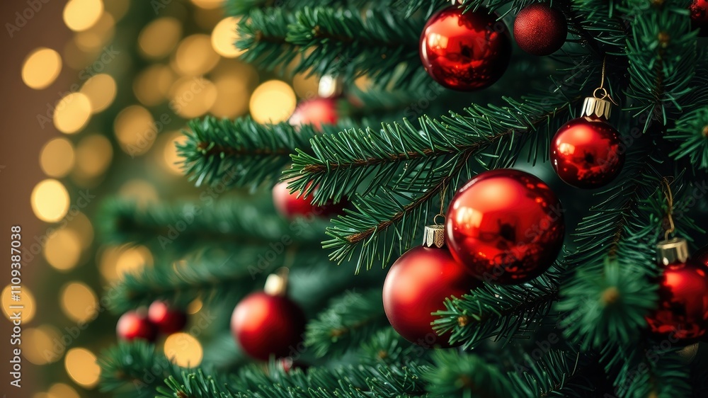 A close-up view of a decorated Christmas tree with red ornaments, showcasing the festive spirit of the season A close-up view of a decorated Christmas tree with red ornaments, showcasing the festive spirit of the season