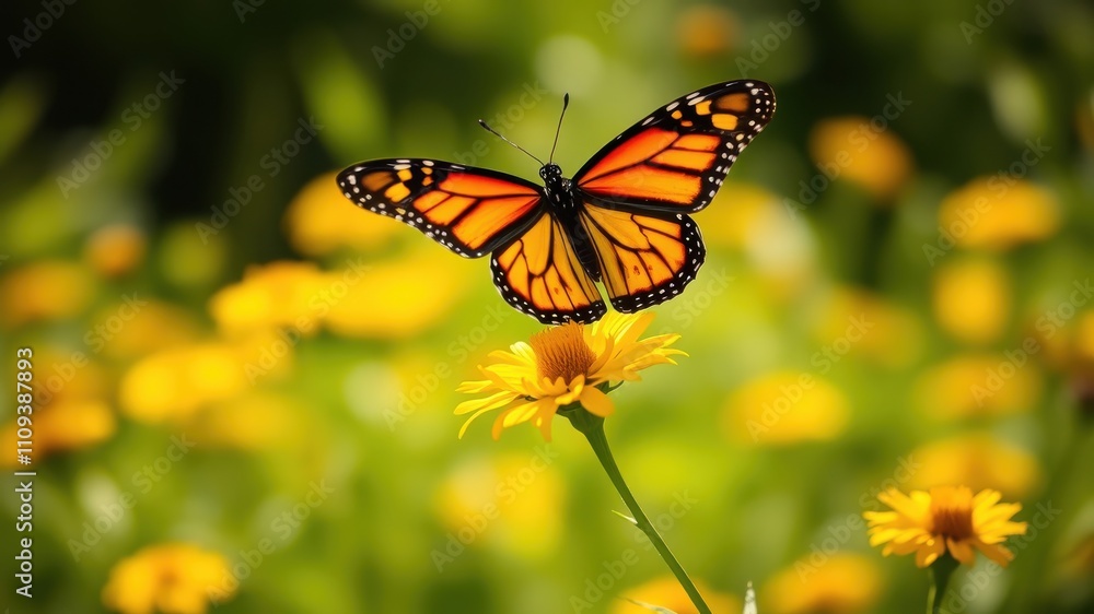Obraz premium A monarch butterfly perches on a yellow flower, its wings spread wide, surrounded by a sea of blurred yellow blossoms and vibrant green foliage.
