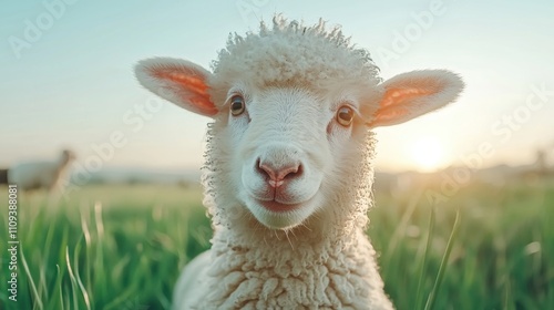 Sheep grazing in a foggy countryside field at sunrise