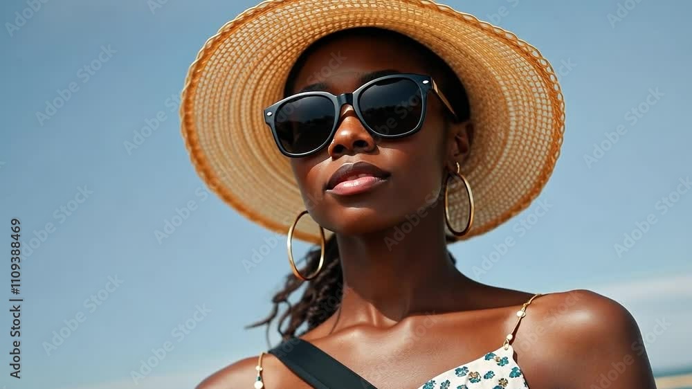 A black African American young woman wearing sunglasses and a summer hat