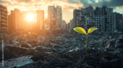 A tiny sprout emerges from the rubble of a war-torn city, a symbol of hope and resilience.