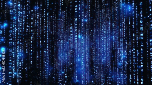 Blue binary code background with falling numbers data