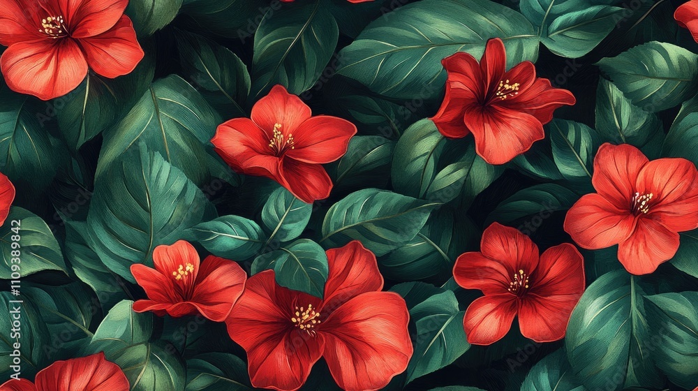 Seamless pattern of vibrant red flowers and green leaves using finger paints technique perfect for vintage posters and scrapbook pages floral elements for cards and invitations Seamless pattern of vibrant red flowers and green leaves using finger paints technique perfect for vintage posters and scrapbook pages floral elements for cards and invitations