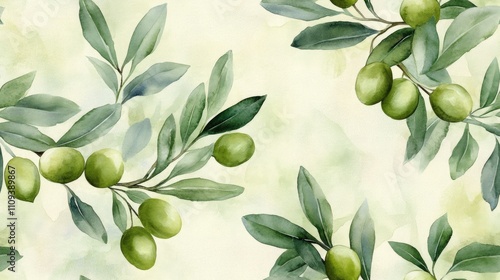 Watercolor illustration of olive branches with ripe green olives on a seamless pattern ideal for backgrounds and design projects